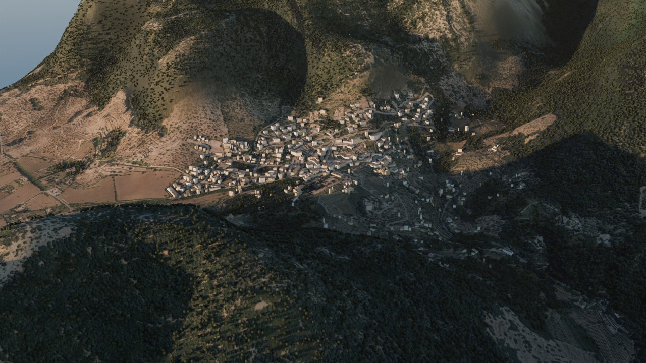 Święto Santa Catalina Thomàs (Festes de la Beata) w Valldemossie z lotu ptaka, wizualizacja z modelu 3D wyspy
