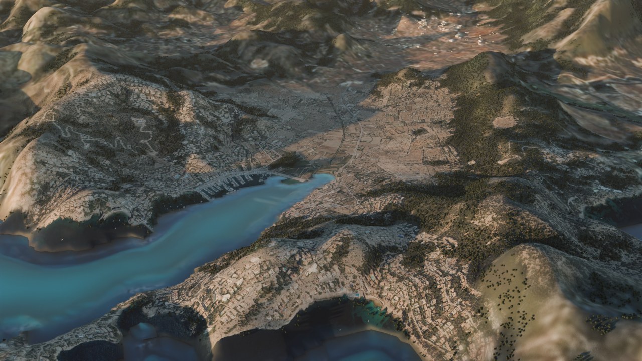 GR221 etap 1: Port d'Andratx - Sant Elm z lotu ptaka, wizualizacja z modelu 3D wyspy