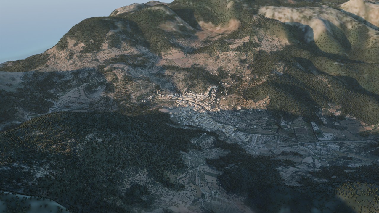 GR221 etap 4: Esporles - Can Boi (Deià) z lotu ptaka, wizualizacja z modelu 3D wyspy