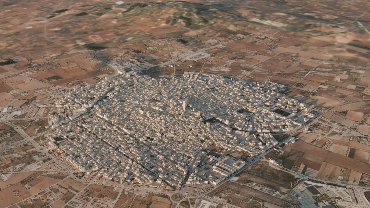 Sant Antoni w Manacor z lotu ptaka, wizualizacja z modelu 3D wyspy