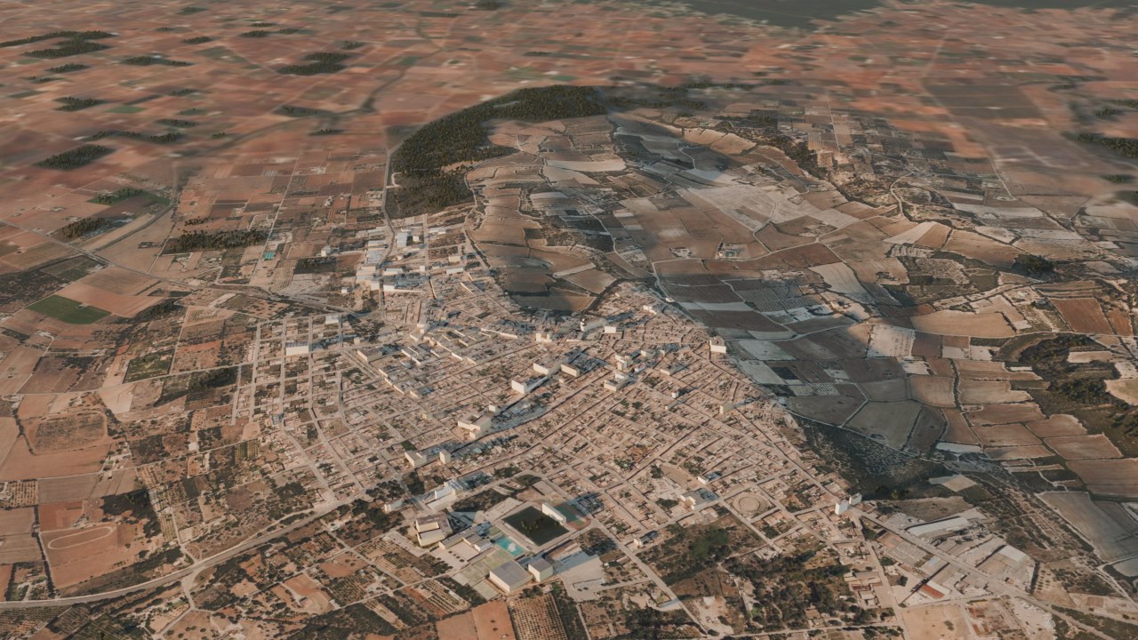 Sant Antoni w Muro (beneïdes) z lotu ptaka, wizualizacja z modelu 3D wyspy