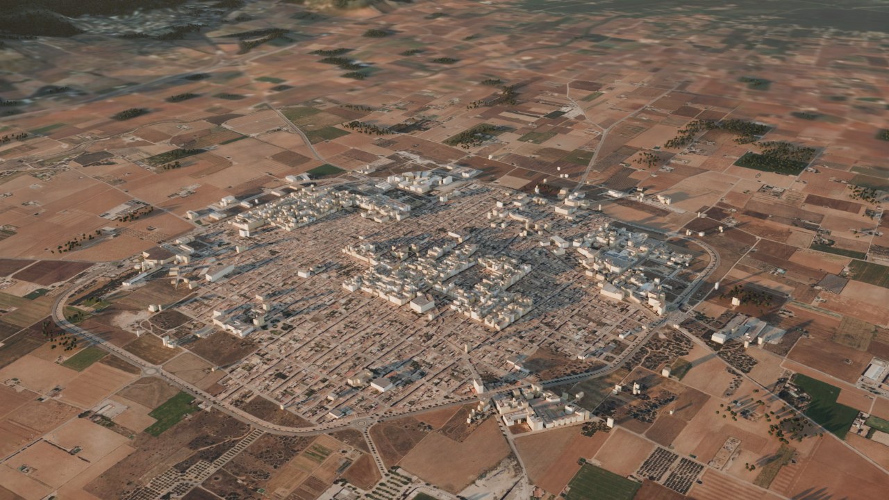 Sant Antoni w Sa Pobla z lotu ptaka, wizualizacja z modelu 3D wyspy